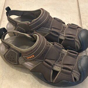 Crocs Swiftwater Fishing Men Shoes Size 11 Brown Sandals Leather Outdoor 204562
